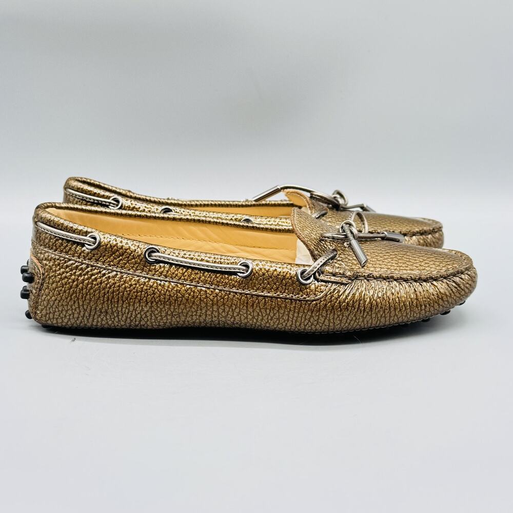 Tods Shoes Womens 6 Metallic Gold Leather Driving Loafers Bow Moccasins Slip On